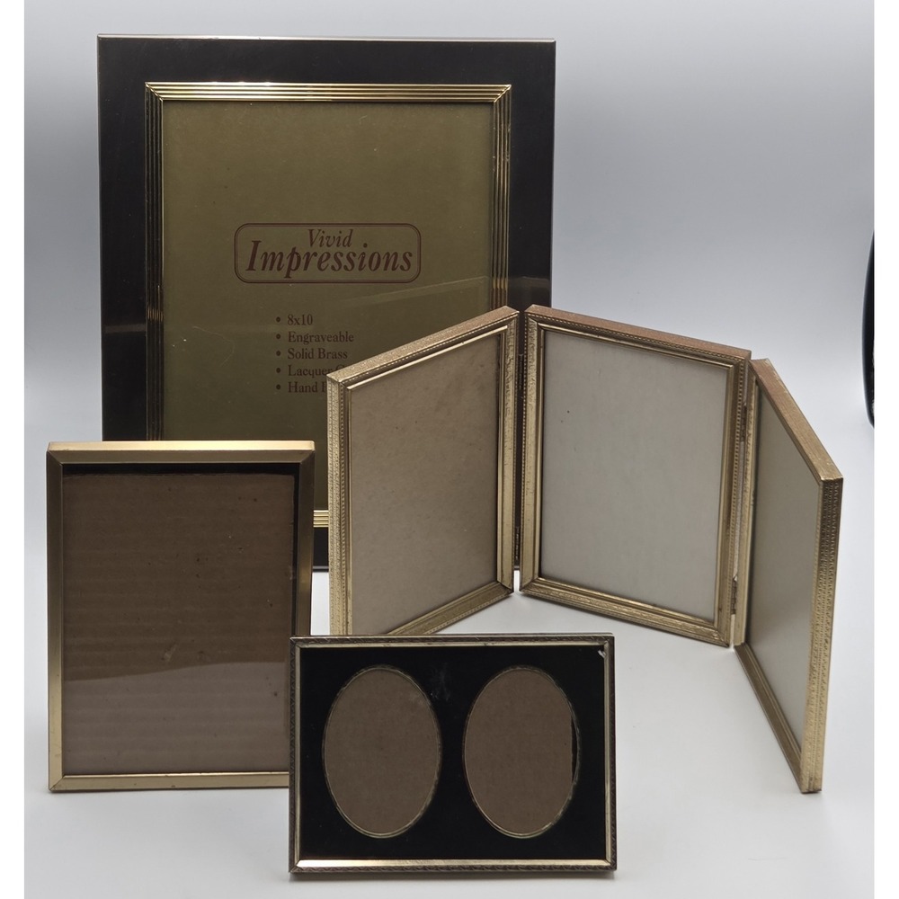 Lot of 4 Vintage Picture Frames Hinge Free Standing Gold Tone Metal MCM Embossed